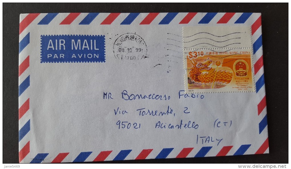 Hong Kong 1999 Air Mail Cover Posted To Italy - Oblitérés