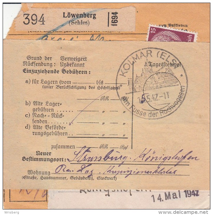 Bulletin D´Expédition De Löwenberg (Schles)  Du 4.5.42 Pour KOLMAR - Briefe U. Dokumente