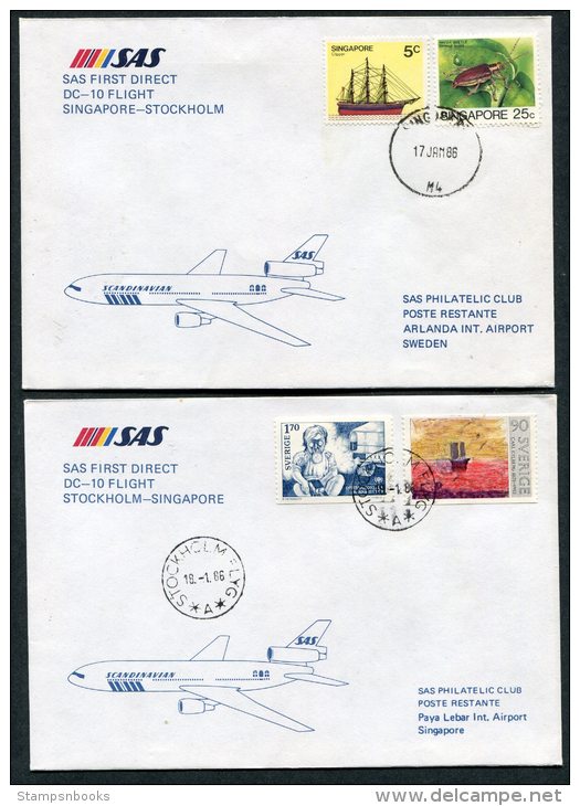 1986 Singapore Sweden SAS First Flight Covers (2) - Singapore (1959-...)