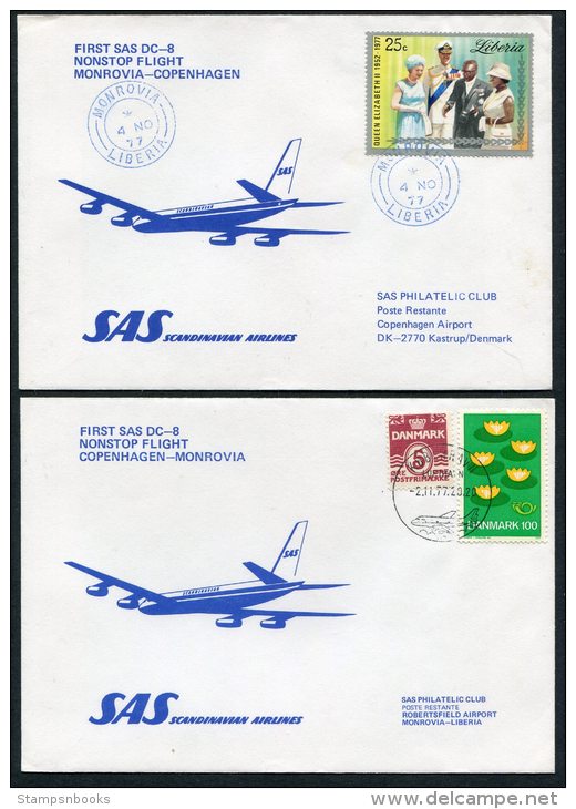 1977 Liberia - Denmark, Monrovia / Copenhagen SAS First Flight Covers (2) - Liberia