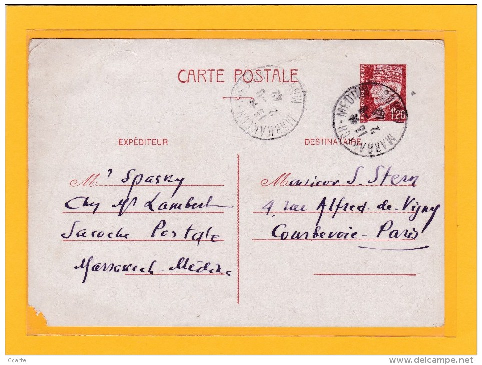 3 ENTIERS POSTAUX-1 MAROC 1930 CASABLANCA POSTES AVION SURTAXE AERIENNE POUR COURBEVOIE 1 MAROC 1F20 PETAIN & 40C SEMEUS - 1939-44 Iris