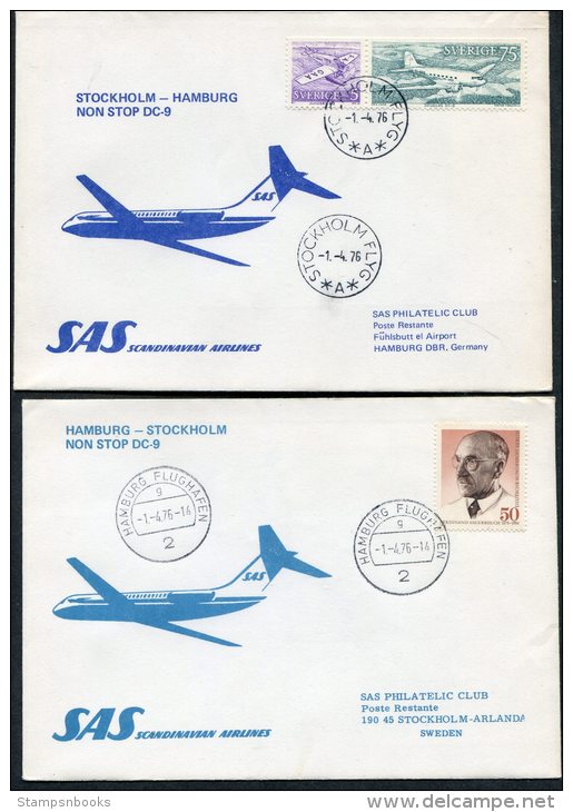 1976 Sweden Germany Stockholm / Hamburg SAS First Flight Covers (2) - Briefe U. Dokumente