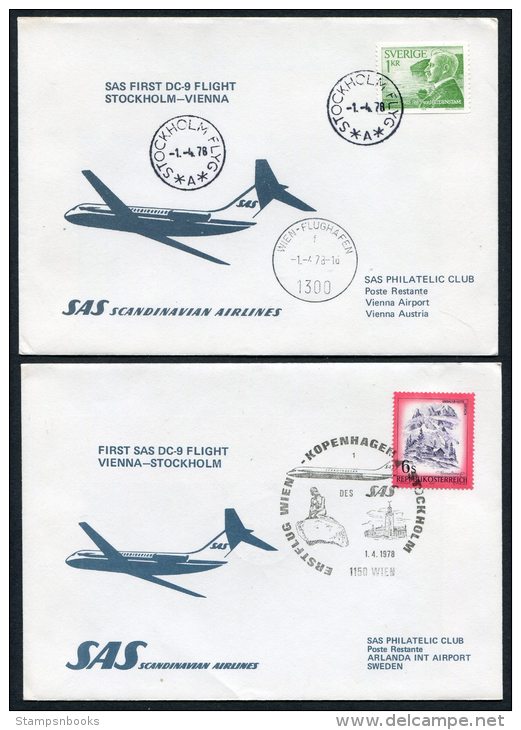 1976 Sweden Austria Vienna Stockholm / Wien SAS First Flight Covers (2) - Briefe U. Dokumente