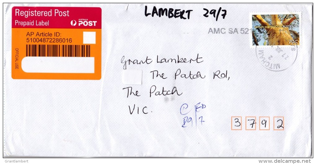 Australia 2015 Trees 70c Lemon-scented Gum On Domestic Registered Envelope - Brieven En Documenten