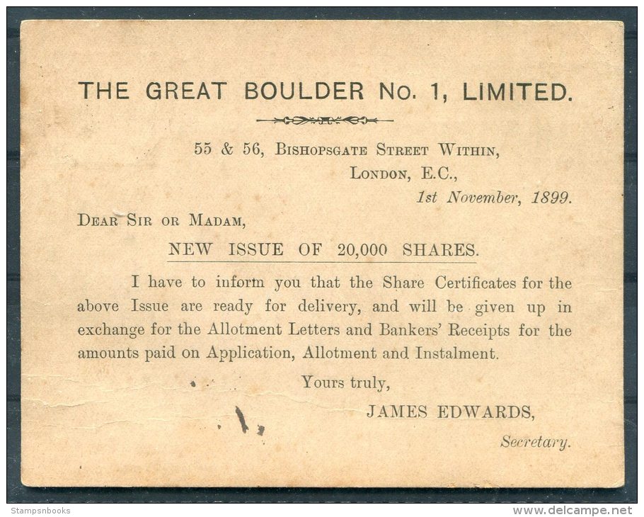 1899 GB QV Uprated Private Stationery London EC 'The Great Boulder No 1 Ltd' Mining Company - Hamburg, Germany - Stamped Stationery, Airletters & Aerogrammes