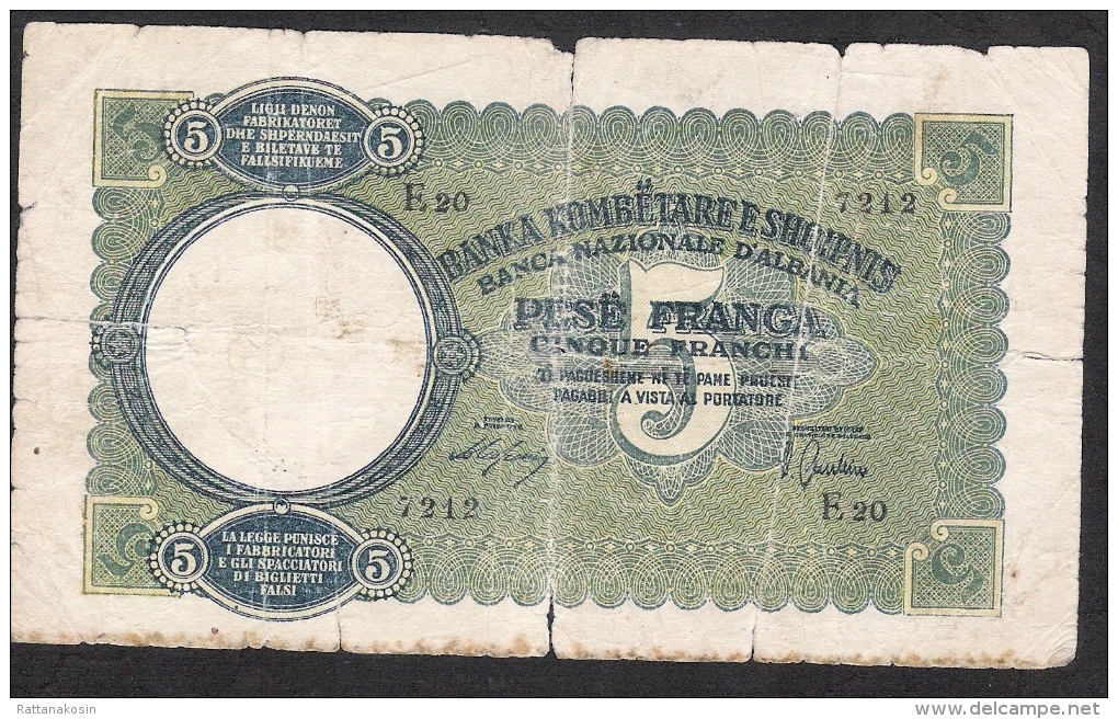 ALBANIA P6a 5 FRANGA 1939    VG - Albanie