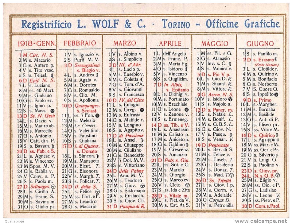 02117 "CALENDARIETTO 1918 - REGISTRIFICIO L. WOLF & C. - TORINO - OFFICINE GRAFICHE" - Formato Piccolo : 1901-20