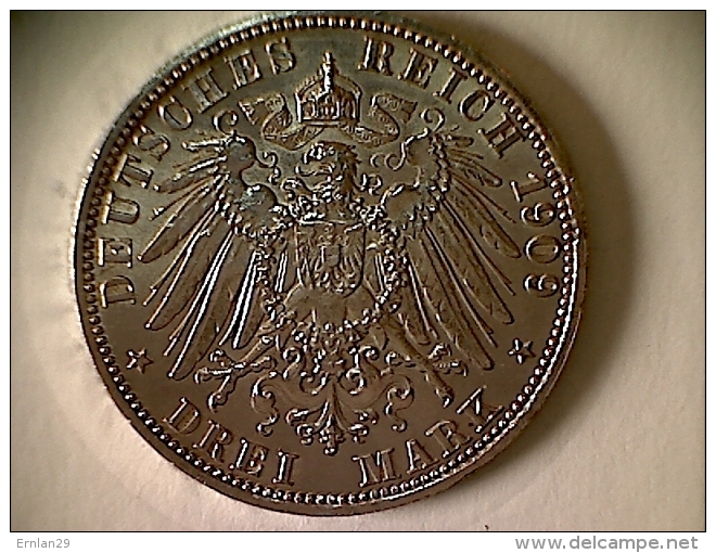 Allemagne 3 Mark  1909 A - Wilhelm II König Von Preussen TTB - 2, 3 & 5 Mark Silber