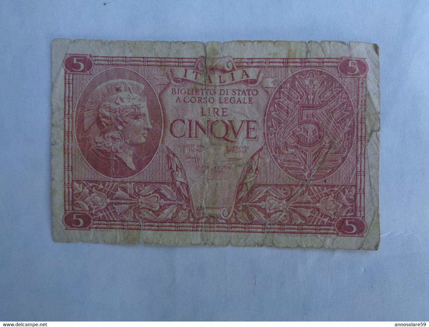 5 CINQUE LIRE VECCHIA BANCONOTA D. MIN. 23/11 1944 BIGLIETTO DI STATO - LEGGI - Italia – 5 Lire