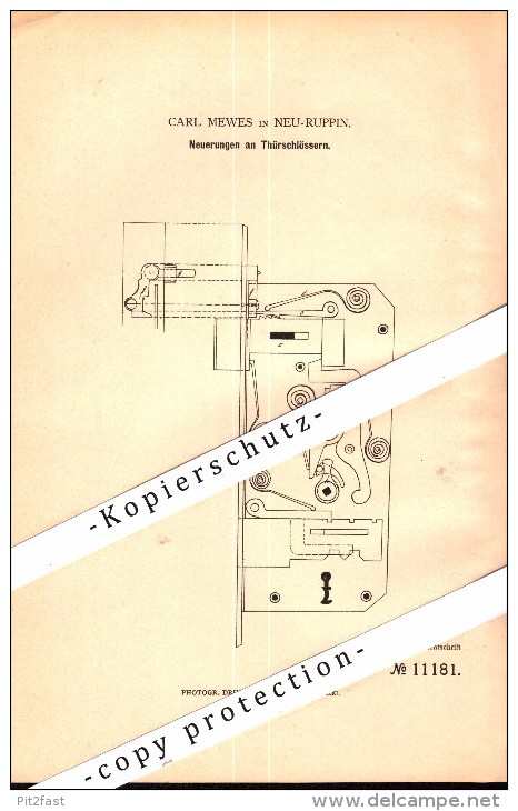 Original Patent - Carl Mewes In Neuruppin , 1880 , Türschloss , Schlosserei , Türenbau , Neu-Ruppin !!! - Neuruppin