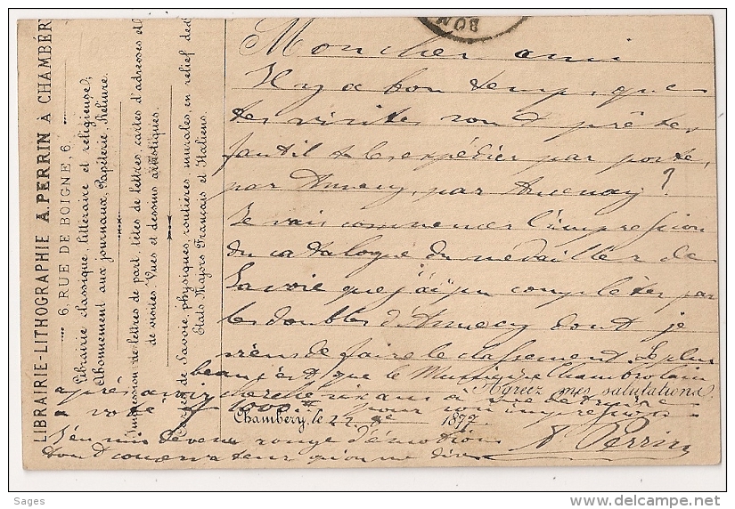 Repiquage Privé A. PERRIN Chambéry, Savoie Sur Carte Précurseur Au Type SAGE Pour Evian. - 1877-1920: Période Semi Moderne