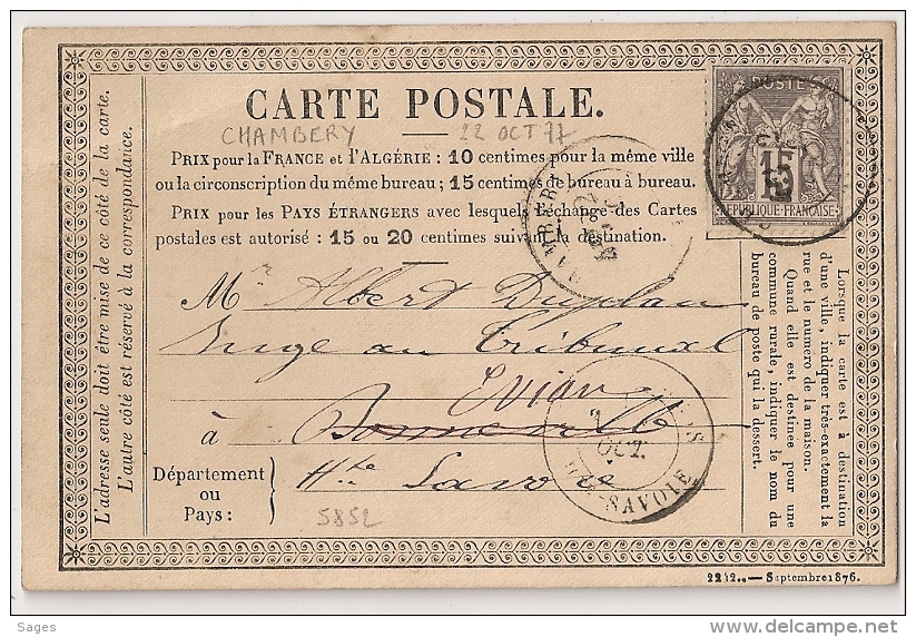 Repiquage Privé A. PERRIN Chambéry, Savoie Sur Carte Précurseur Au Type SAGE Pour Evian. - 1877-1920: Période Semi Moderne