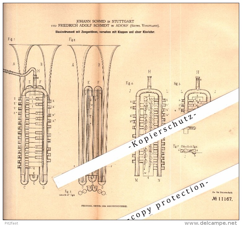 Original Patent - F.A. Schmidt In Adorf , Voigtland , 1880 , Blasinstrument , Trompete , Trumpet , Tuba , Posaune !!! - Musikinstrumente