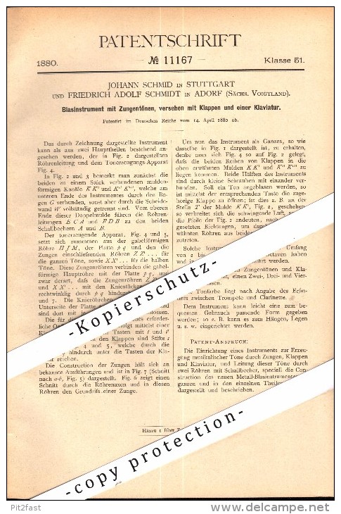 Original Patent - F.A. Schmidt In Adorf , Voigtland , 1880 , Blasinstrument , Trompete , Trumpet , Tuba , Posaune !!! - Muziekinstrumenten