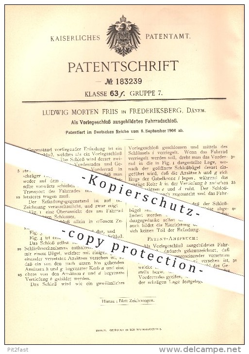 Original Patent - Ludwig Morten Friis , Frederiksberg , Dänemark , 1906, Als Vorlegeschloss Ausgebildetes Fahrradschloss - Dänemark