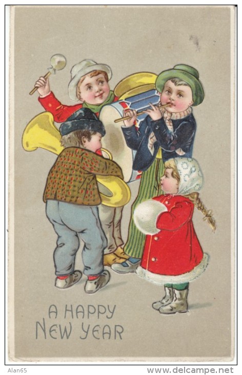 Happy New Year, Children Play Music Instruments Horn Drum C1910s Vintage Embossed Postcard - New Year