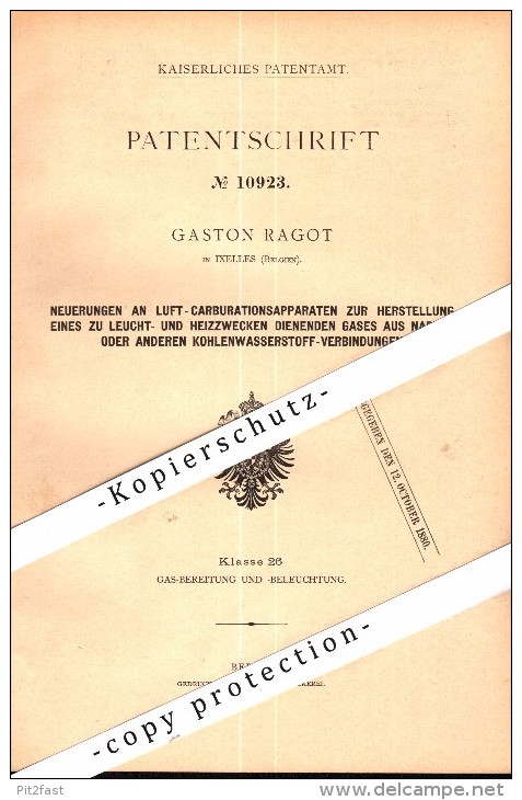 Original Patent - Gaston Ragot In Ixelles - Bruxelles , 1880 , Leuchtstoff Aus Naphta , Beleuchtung !!! - Sets And Collections