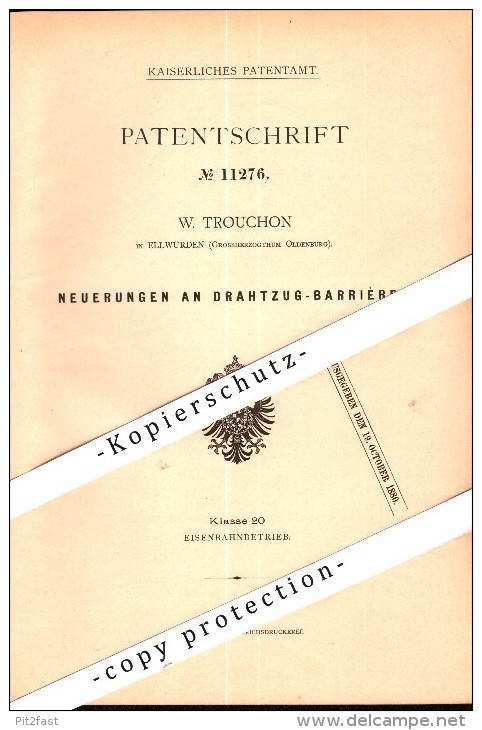 Original Patent - W. Trouchon In Ellwürden B. Nordenham , 1880 , Drahtzug - Barriere , Schlagbaum , Schranke !!! - Nordenham
