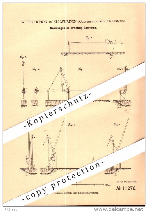 Original Patent - W. Trouchon In Ellwürden B. Nordenham , 1880 , Drahtzug - Barriere , Schlagbaum , Schranke !!! - Nordenham