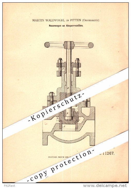 Original Patent - Martin Waldvogel In Pitten , Niederösterreich , 1880 , Absperrventil Für Dampfmaschine !!! - Pitten