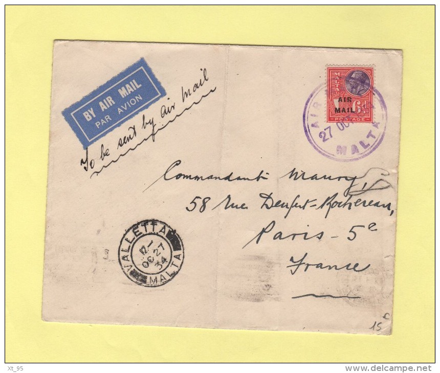 Air Mail - Par Avion - Malte Paris - Valetta Malta - 27 Octobre 1934 - Malta (...-1964)