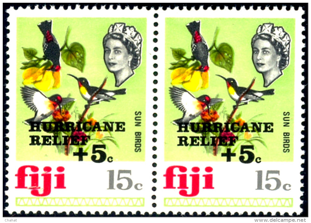 BIRDS-ERROR-SUN BIRDS- FIJI-SURCHARGED FOR HURRICANE RELIEF-PAIR-RARE-MNH-B8-190 - Colibris