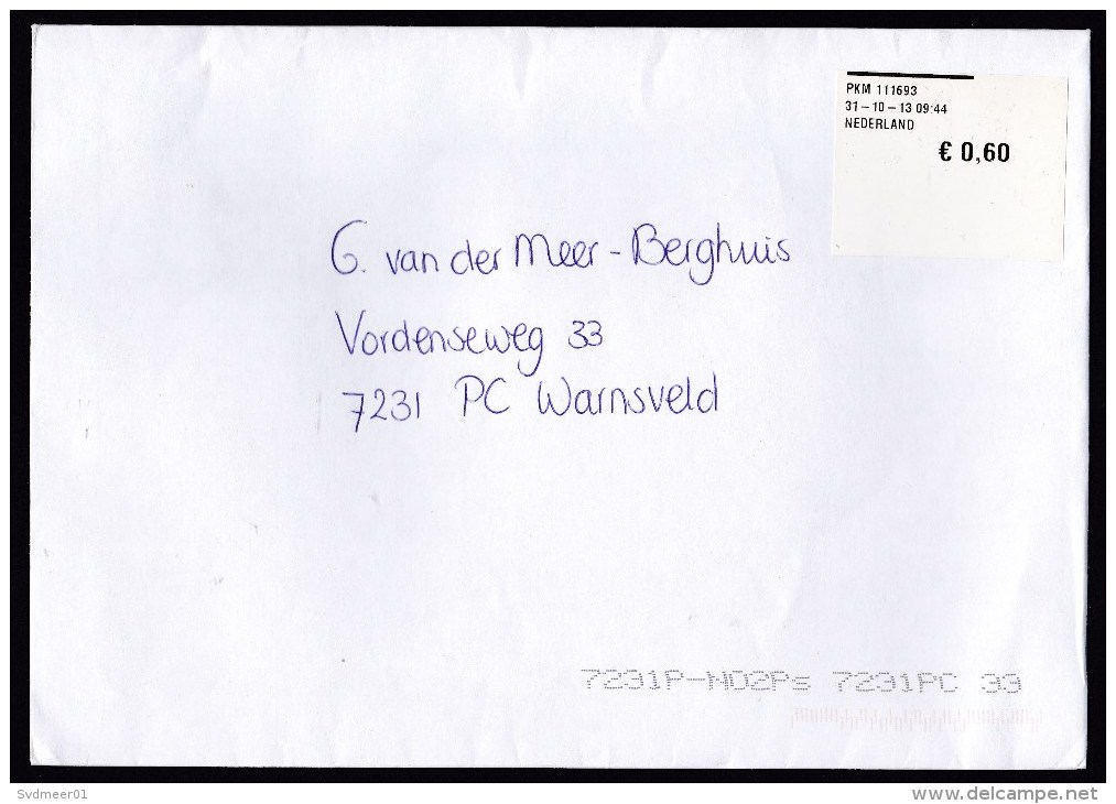 Netherlands: Cover, 2013, ATM Machine Label (uncommonly Large), Large Postal Code Printing - Brieven En Documenten