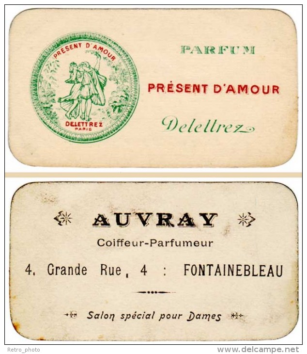 Carte Parfumée : Parfum Présent D'Amour, Delettrez - Auvray, Coiffeur-parfumeur Fontainebleau - Antiguas (hasta 1960)