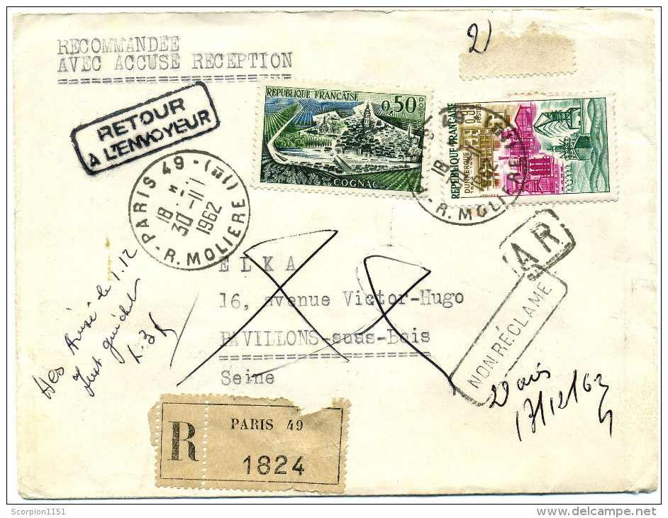 FRANCE 1962 - Cover From Paris Returned To Sender "RETOUR A L´ ENVOYEUR" (2 Scans) - Covers & Documents