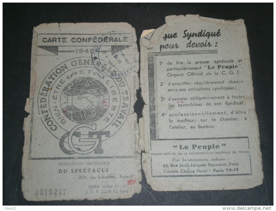 F HOUBERT Artiste Dramatique -PARIS Carte CGT Spectacle 1946 + Fiches Salaire Théâtre Hébertot Bd Des Batignolles 78 - - Non Classés