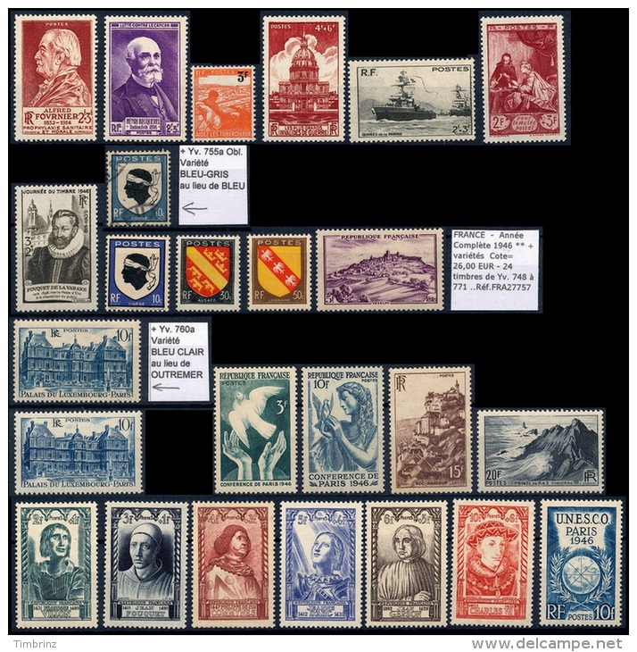 FRANCE  -  Année Complète 1946 ** MNH + Variétés   Cote= 26,00 EUR - 24 Timbres De Yv. 748 à 771 ..Réf.FRA27757 - 1940-1949