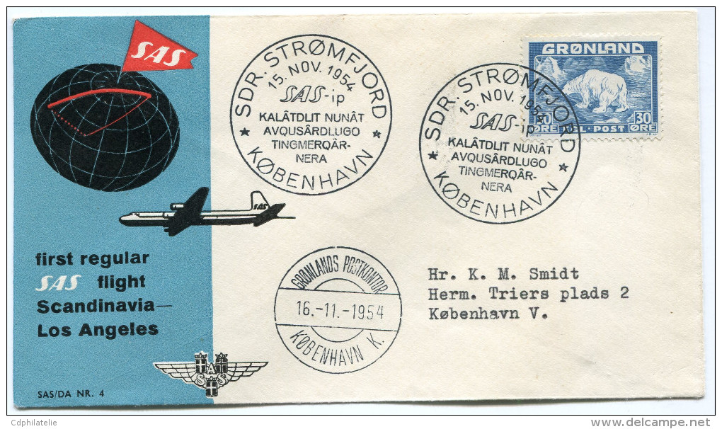 GROENLAND LETTRE DEPART SDR. STROMFJORD 15 NOV. 1954 POUR LE DANEMARK - Lettres & Documents