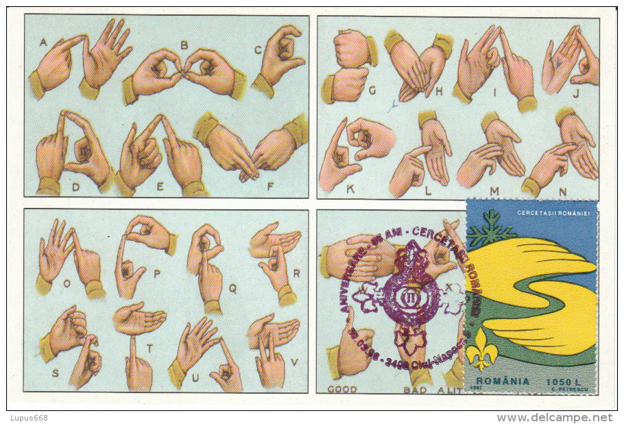 Rumänien 1997 MiNr. 5282, 5283 ; 2 Maximumkarten  Pfadfinder: Zeichensprache, Sportliche Übungen - Maximumkarten (MC)