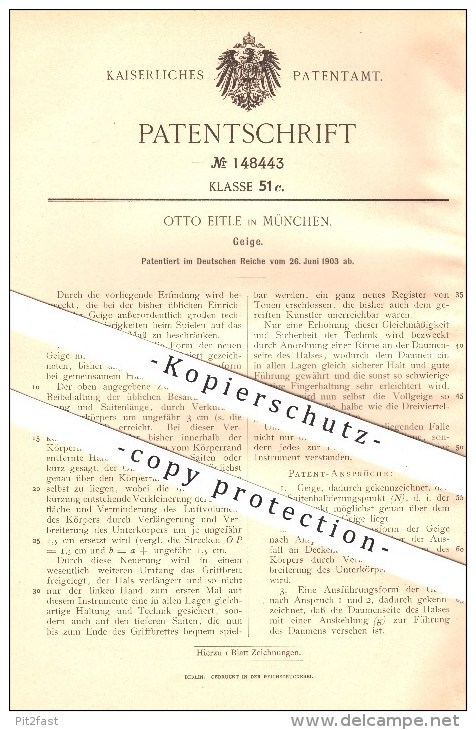 Original Patent - Otto Eitle , München , 1903, Geige , Geigen , Geiger , Musikinstrument , Musik , Orchester , Vollgeige - Muziekinstrumenten