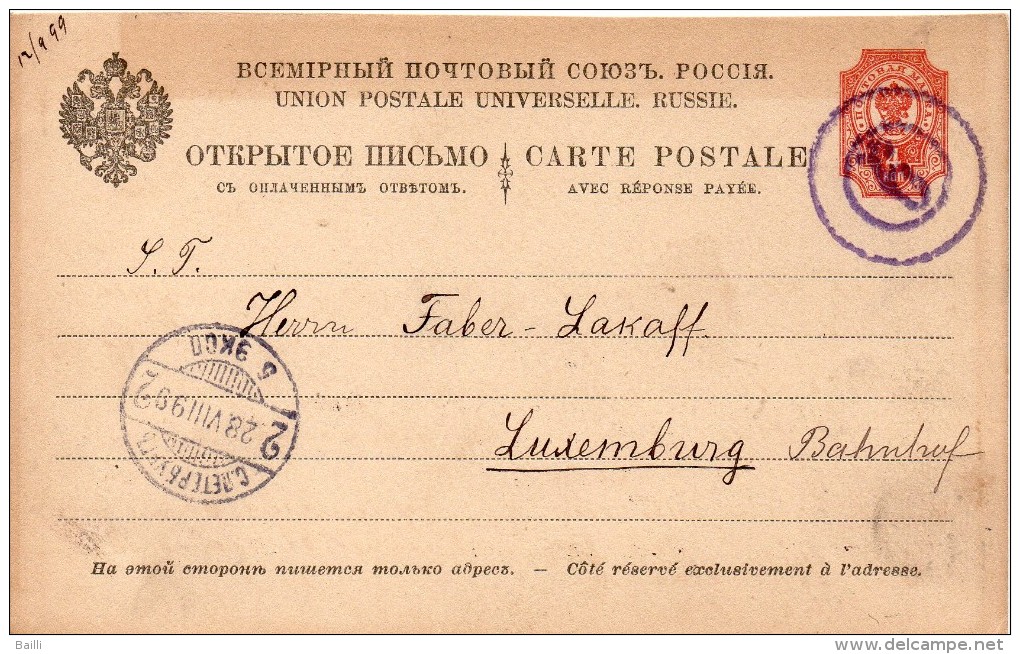 RUSSIE ENTIER POSTAL POUR LE LUXEMBOURG 1899+ - Stamped Stationery