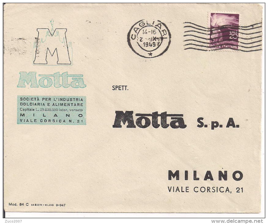 MOTTA , MILANO, BUSTA COMMERCIALE VIAGGIATA 1949, TIMBRO POSTE CAGLIARI, - Documenti Storici