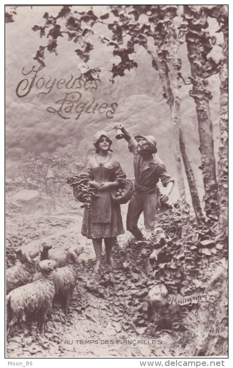 Très Jolie Cpa Avec Poème  - Joyeuses Pâques - Cloche Au Temps Des Fiançailles  - Moutons  Dans La Forêt - Pâques