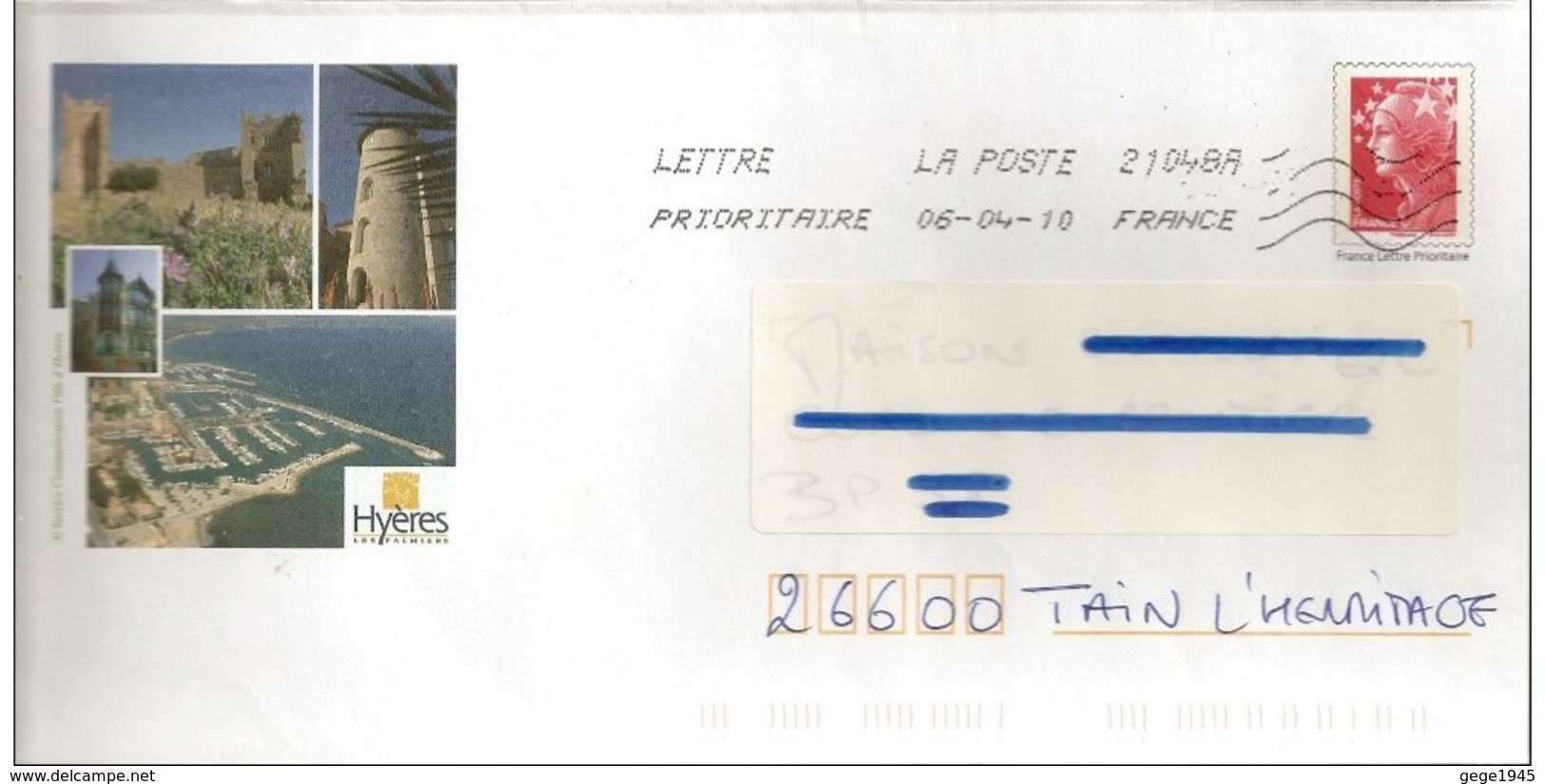 Lettre PAP  "  Hyeres   ( 83 )   Du  06 - 04 - 2010     Sur  Facsimilé  N° 4230  Ou  4413 - PAP: Ristampa/Beaujard