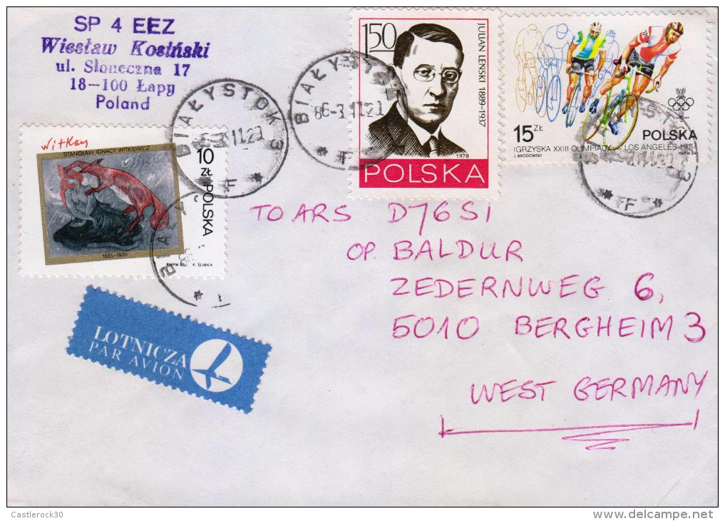 G)1998 POLAND, XXIII OLYMPIC GAMES LOS ANGELES-CYCLING, PAINT, JULIAN LENSKI, AIRMAIL CIRCULATED COVER TO GERMANY, XF - Vliegtuigen