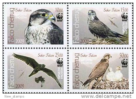 Kyrgyzstan 2009 WWF Saker Falcon Bird Block Of 4v PERF MNH NEW - Kyrgyzstan