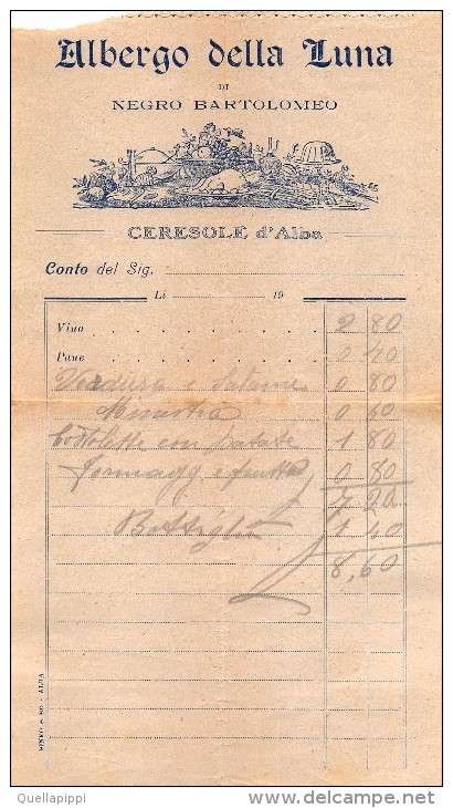 02129 "CONTO DI RISTORANTE - ALBERGO DELLA LUNA DI NEGRO BARTOLOMEO - CERESOLE D'ALBA" CIRCA 1930. ORIGINALE - Menu