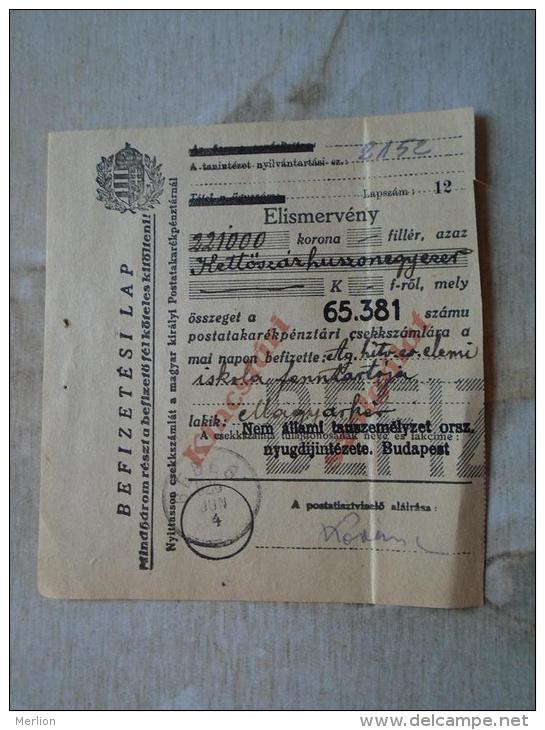 Hungary  Elismervény   221000 Korona  1926  - BEDEG   BA170.4 - Cheques & Traverler's Cheques