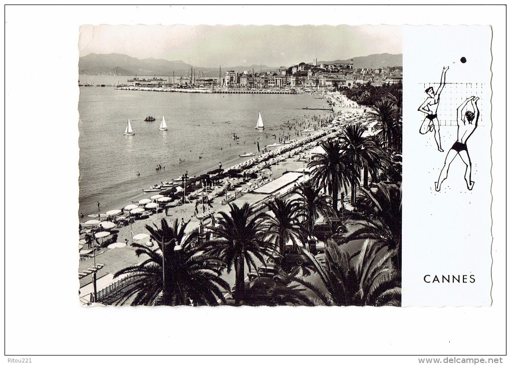 06 - CANNES - PLAGE CROISETTE Suquet - Dessin Joueurs  Jeux Volley-ball - Flamme LION'S CLUB 1958 Cannes - Volleybal