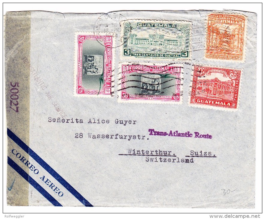 Guatemala Flugpost 5.11.1941 Zensur Brief Mit Trans-Atlantic Route Stempel In Violett - Guatemala