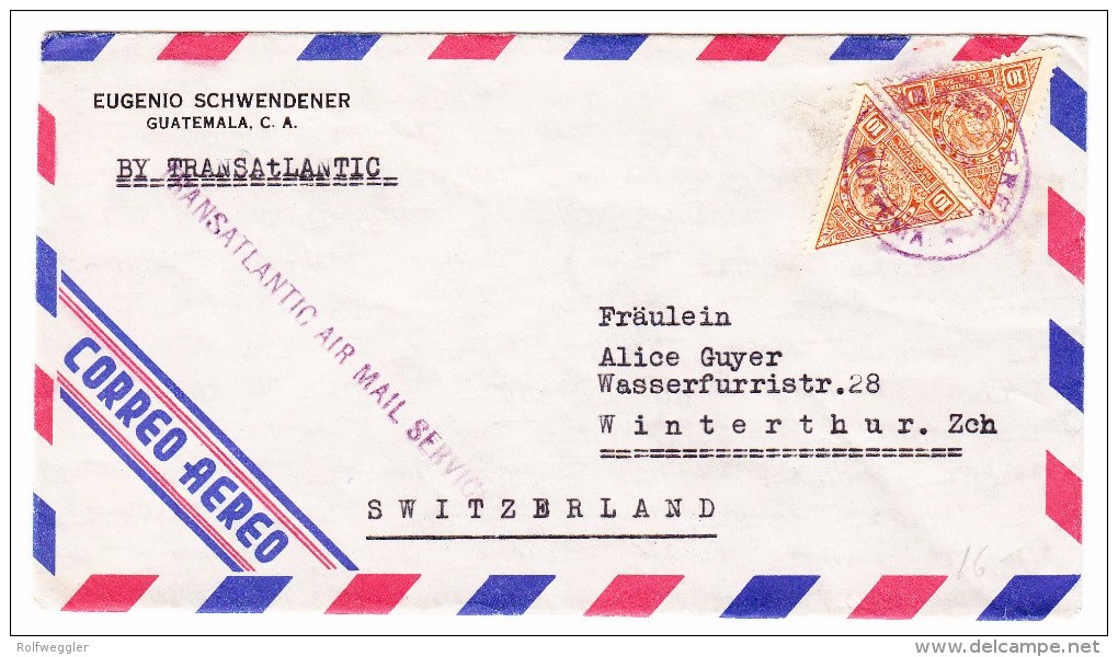 Guatemala Transatlantic AIr Mail Service Violet Mit 2 X10 Centavos Auf Brief Nach Winterthur - Guatemala