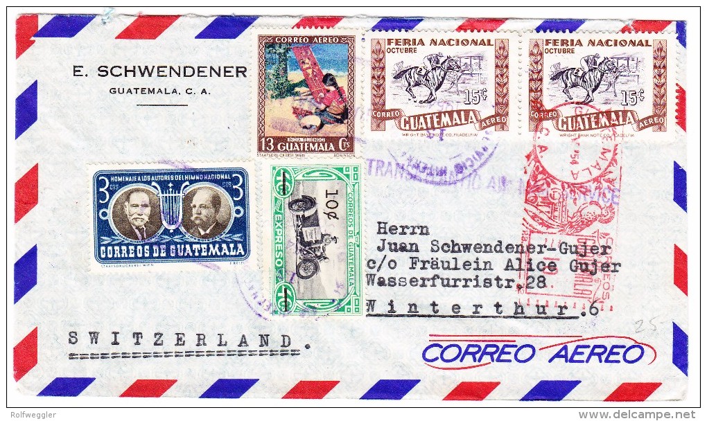 Guatemala 19.5.1951 Freistempel Und Marken Auf Flugpost Brief Nach Winterthur - Guatemala