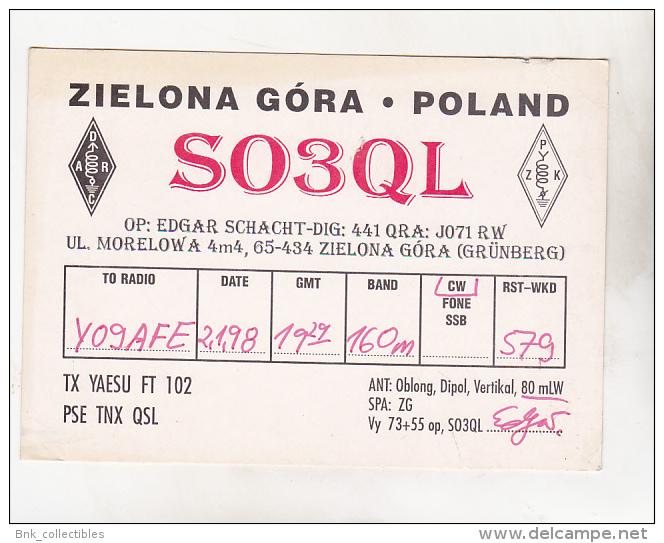 Poland Zielona Gora 1998 Old Circulated QSl Card - Altri & Non Classificati