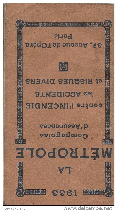 Calendrier Agenda De Poche/La Métropole/Cie D'Assurances/Paris/1933   CAL215 - Altri & Non Classificati