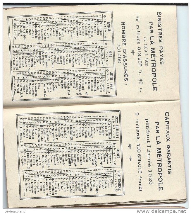 Calendrier Agenda De Poche/La Métropole/Cie D´Assurances/Paris/1922   CAL216 - Autres & Non Classés