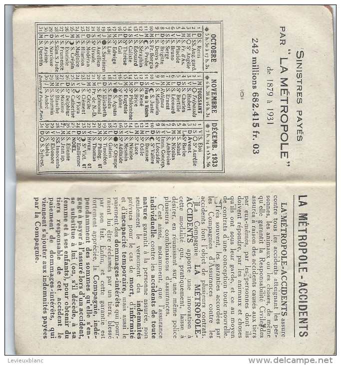 Calendrier Agenda De Poche/La Métropole/Cie D´Assurances/Paris/1934   CAL217 - Andere & Zonder Classificatie